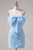 Pink Bodycon Spaghetti Straps Beaded Floral Homecoming Dress with Bow