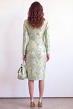 Green Flower 2 Piece Peak Lapel Single Breasted Jacquard Work Dress with Slit