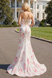 Strapless Mermaid White Pink Flower Printed Long Prom Dress with Lace Up Back