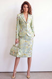 Green Flower 2 Piece Peak Lapel Single Breasted Jacquard Work Dress with Slit