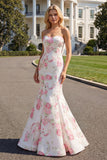 Strapless Mermaid White Pink Flower Printed Long Prom Dress with Lace Up Back