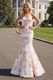 Strapless Mermaid White Pink Flower Printed Long Prom Dress with Lace Up Back