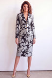 Green Flower 2 Piece Peak Lapel Single Breasted Jacquard Work Dress with Slit