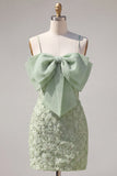 Pink Bodycon Spaghetti Straps Beaded Floral Homecoming Dress with Bow