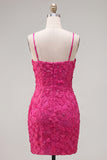 Pink Bodycon Spaghetti Straps Beaded Floral Homecoming Dress with Bow