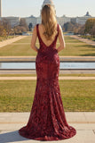 Sparkly Burgundy Mermaid Sequin V Neck Long Prom Dress with Slit