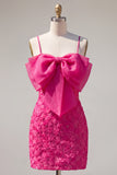Pink Bodycon Spaghetti Straps Beaded Floral Homecoming Dress with Bow