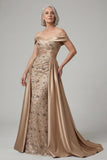 Off The Shoulder Beaded Dusty Blue Sequin Long Mother of the Bride Dress