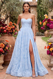 Blue A-Line Floral Beaded Strapless Long Prom Dress with Slit