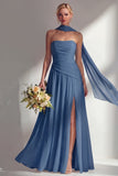 Butter Yellow Chiffon Strapless Ruched Sheath Long Bridesmaid Dress with Slit