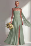 Butter Yellow Chiffon Strapless Ruched Sheath Long Bridesmaid Dress with Slit