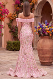 Off the Shoulder Mermaid Floral Embroidery Pink Prom Dress with Side Slit