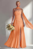 Butter Yellow Chiffon Strapless Ruched Sheath Long Bridesmaid Dress with Slit