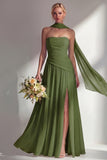 Butter Yellow Chiffon Strapless Ruched Sheath Long Bridesmaid Dress with Slit