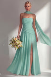 Butter Yellow Chiffon Strapless Ruched Sheath Long Bridesmaid Dress with Slit