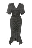 Black Bodycon V Neck Polka Dot Ruched Formal Dress with Puff Sleeves