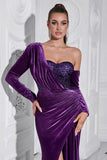 Dark Purple One Shoulder Pleated Long Sleeves Evening Dress with Slit