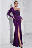 Dark Purple One Shoulder Pleated Long Sleeves Evening Dress with Slit