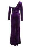 Dark Purple One Shoulder Pleated Long Sleeves Evening Dress with Slit