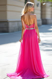 Fuchsia Beads Strapless A Line Tulle Prom Dress with Slit