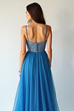 Blue Tulle Spaghetti Straps A-Line Ruched Long Wedding Guest Dress with Slit