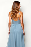 Grey Blue Chiffon A Line Long Wedding Guest Dress with Beadings