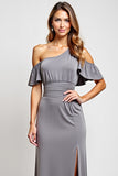 Off The Shoulder Grey Ruffled Sheath Bridesmaid Dress