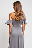 Off The Shoulder Grey Ruffled Sheath Bridesmaid Dress