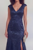 Sage Green Floral V-Neck Mermaid Long Mother of The Bride Dress with Slit