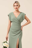 Chiffon V-Neck Long Eucalyptus Bridesmaid Dress With Slit