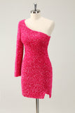 Hot Pink One Shoulder Glitter Sequins Homecoming Dress with Slit