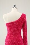 Hot Pink One Shoulder Glitter Sequins Homecoming Dress with Slit