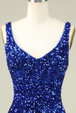 Stylish Sheath V Neck Royal Blue Sequins Short Homecoming Dress