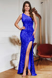 Glitter Royal Blue Mermaid One Shoulder Sequins Prom Dress With Slit