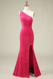 Sparkly Mermaid One Shoulder Fuchsia Sequins Long Prom Dress with Split Front