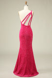 Mermaid One Shoulder Fuchsia Sequins Long Prom Dress with Split Front