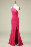 Mermaid One Shoulder Fuchsia Sequins Long Prom Dress with Split Front
