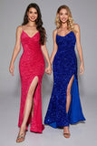 Sparkly Royal Blue Mermaid Spaghetti Straps Sequin Long Prom Dress With Split