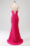 Sparkly Fuchsia Mermaid Spaghetti Straps V-Neck Sequin Long Prom Dress With Split