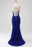 Sparkly Fuchsia Mermaid Spaghetti Straps V-Neck Sequin Long Prom Dress With Split