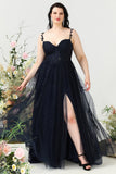 A Line Spaghetti Straps Navy Plus Size Prom Dress with Appliques