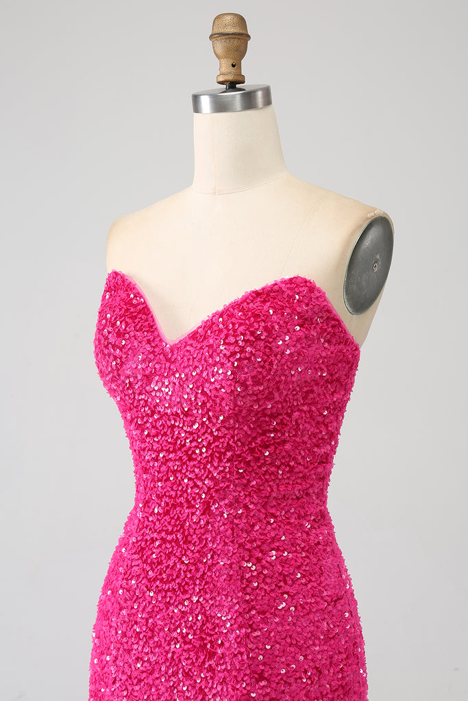 Fuchsia Sweetheart Neck Sequined Mermaid Prom Dress With Sweep Train