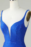 Bodycon Deep V Neck Royal Blue Short Homecoming Dress with Beading
