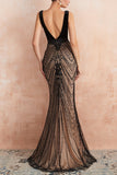 Mermaid Deep V Neck Black Long Prom Dress with Open Back