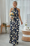 Sheath Halter Blue White Flower Plus Size Printed Long Bridesmaid Dress