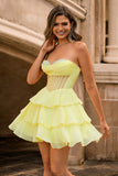 A Line Strapless Sheer Corset Short Homecoming Dress with Beading