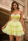 Yellow A-Line Strapless Tiered Corset Homecoming Dress with Beading