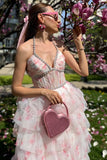 Halter A-Line Candy Pink Corset Floral Tiered Ruffle Long Prom Dress with Pearls