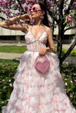 Halter A-Line Candy Pink Corset Floral Tiered Ruffle Long Prom Dress with Pearls