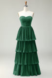 Blush Pink A-Line Strapless Pleated Tiered Long Bridesmaid Dress